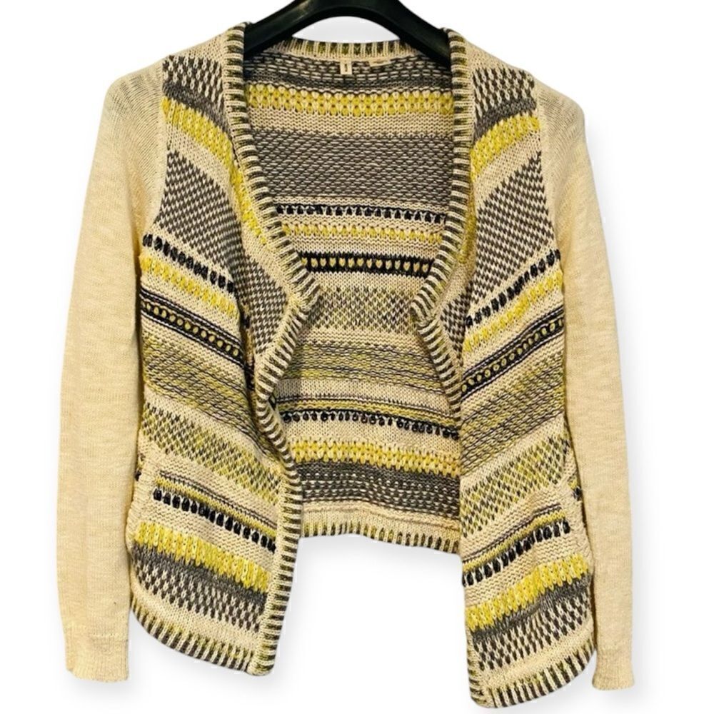 Anthropologie Moth Chaux Yellow Grey Knit Open Cardigan Size Small